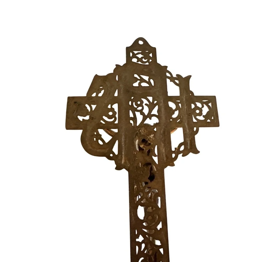 Vintage Brass Wall Crucifix With IHS Symbol &‎ Intricate Details